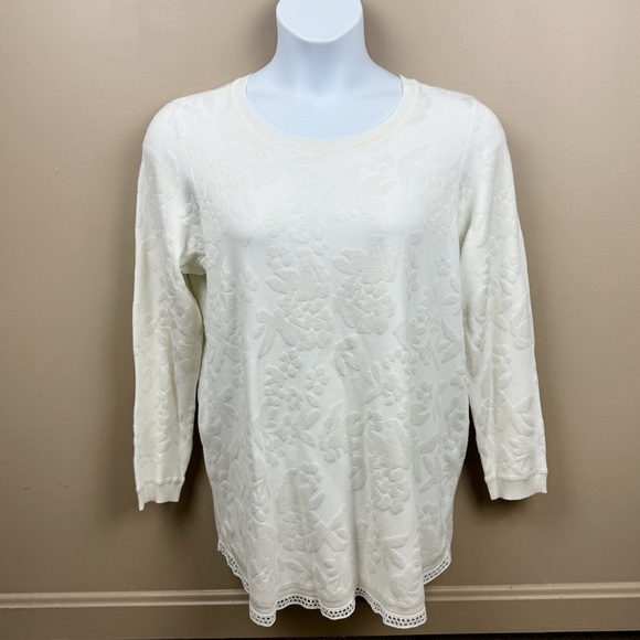 Avenue Off White Cream Floral Lightweight Crew Neck Plus Size Sweater - Picture 1 of 12
